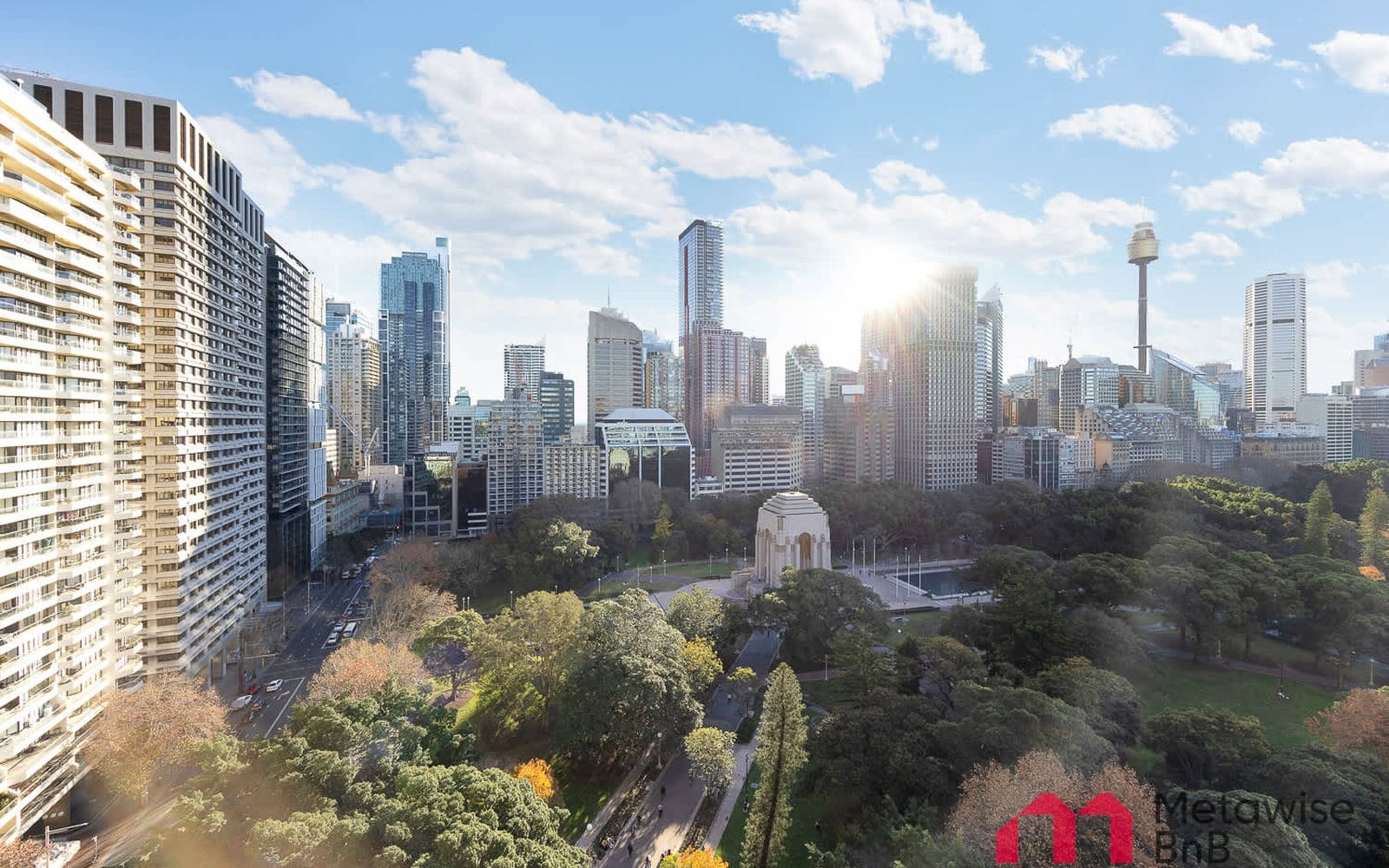 Hyde Park and the ANZAC Memorial seen from a MetaWise-managed studio in Darlinghurst, the city towers and Sydney Tower behind.